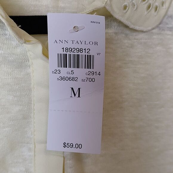 Ann Taylor Peter Pan Lace Collar Linen Top Semi Sheer Light Yellow Size M NWT - Picture 3 of 10